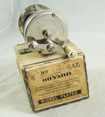 Carrete de fundición IDEAL antiguo vintage + caja - niquelado - 60 yardas - hecho por Hendryx Foto 1 de 4