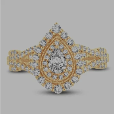 Anillo Doble Halo Diamante 3/4 ct dos Pera/Redondo Oro Amarillo 14K Talla 5 Foto 1 de 4