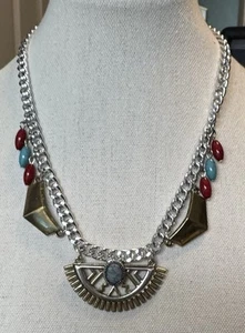 Vintage Dangle Silvertone & Goldtone Necklace Boho Aztec Design - Picture 1 of 6