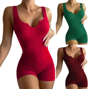 Womens Sexy Ribbed Sleeveless Bodysuit Stretch Leotard Shorts Romper Jumpsuit - Picture 1 of 20