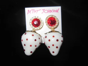 BETSEY JOHNSON WHITE STRAWBERRY WITH BLING DANGLE EARRINGS - Picture 1 of 1