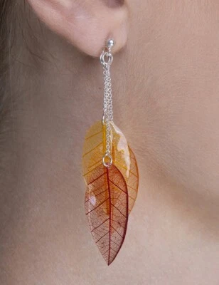 Orecchini Foglia Naturale Traspante Trilogy Giallo/Arancione/Rosso Argento 925 - Immagine 1 di 4