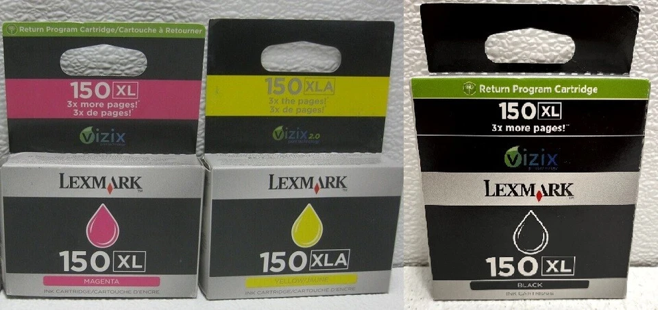 3 Genuine Factory Sealed Lexmark 150XL Blk Mag Yel Inkjet Cartridges (NO CYAN) - Image 1 of 1