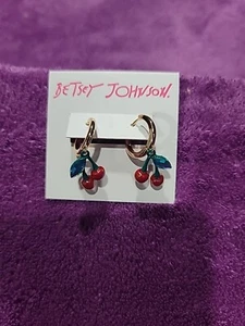Betsey Johnson Gold Tone Red Cherry Green Iridescent Leaf Huggie Hoop Earrings - Picture 1 of 4