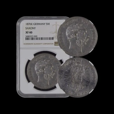 GERMANY. 1876, 5 Mark, Silver, E - NGC XF40 - Saxony-Albertine, Eagle - Image 1 of 4