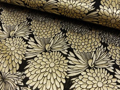 1m x 1,48m Brokat Jacquard Stoff Schwarz mit Goldblüten - Bild 1 von 4