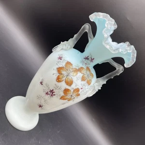 Viktorianische Bristol Kunstglas Vase blau Opal handbemalt floral gekräuselt Top - Bild 1 von 10