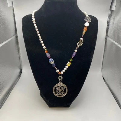 10K White Gold Plated Pendant Authentic Gemstones Pearl Toggle Necklace - Image 1 of 4