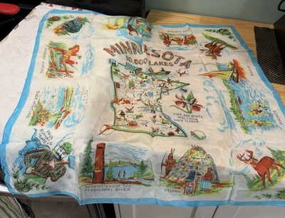 Vintage 1950 Scarf Minnesota 10,000 Lakes Map Indians Bear Paul Bunyan 27" x 28" - Image 1 of 4
