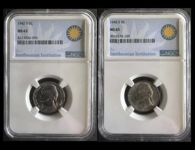 1942-S & 1943-S War Nickels NGC MS65 Smithsonian Holders Silver WWII Collection - Image 1 of 4