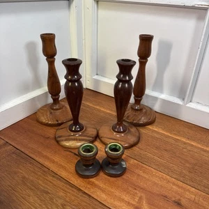 Myrtle Wood & Worm Hole Turned Wood Candlesticks Primitive LOT - Picture 1 of 10