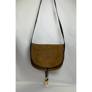 Vintage Loewe Crossbody Anagram Shoulder Bag Brown Suede Leather - Picture 1 of 15