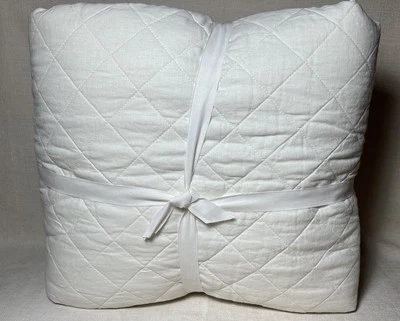 POTTERY BARN BELGIAN FLAX LINEN DIAMOND QUILT FULL/QUEEN ~ CLASSIC IVORY - Image 1 of 2