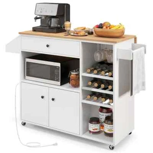 White Wood Kitchen Cart with Drop-Leaf, Power Outlet, Microwave Shelf, Wine Rack - Picture 1 of 8