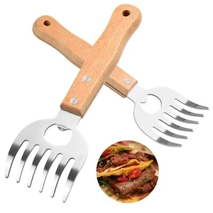 2 Pack Stainless Steel Meat Shredding Claws with Long Wooden Handles for Pork - Picture 1 of 6
