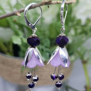Handmade Purple Flower Drop Earrings – Silver Petal Design with Beaded Dangles - Picture 1 of 3