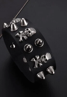 Pulsera Punk Gótica Unisex Cuero Negro Remache Metal Tachonado Pulsera 8405 Foto 1 de 4