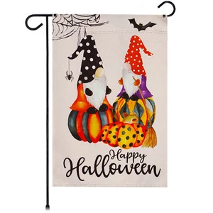 NEW G128 Garden Flag Happy Halloween Two Witchy Gnomes 12x18IN Blockout Fabric - Picture 1 of 8