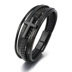 Fashion Men's Cross Bracelet Braided Leather Bracelet Wristband Cuff Bangle Gift - Picture 1 of 7