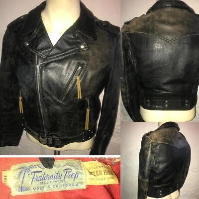 VTG 50S Y16 MENS S XS FRATERNITY PREP BLACK LEATHER MOTORCYCLE BIKER JACKET - Image 1 of 4