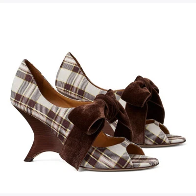TORY BURCH CHARM Bow Wedge Heels 9M Tech plaid / Plum - Image 1 of 4