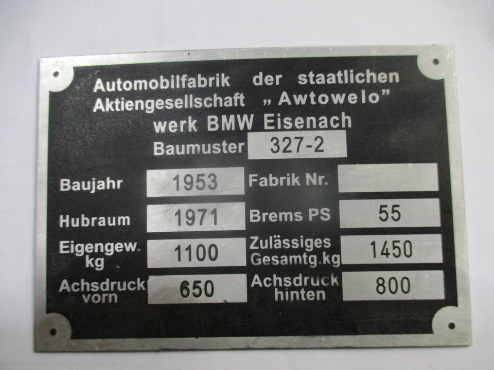 Type Plate Sign Awtowelo BMW EMW 327-2 Classic Car S68 DDR - Image 1 of 1