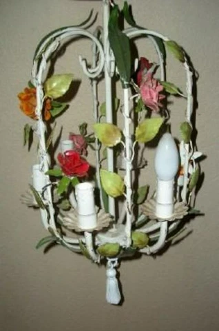 ITALIAN TOLE ROSES CHANDELIER TPETITE BIRD CAGE TASSEL CHIPPY FRENCH STYLE Cover