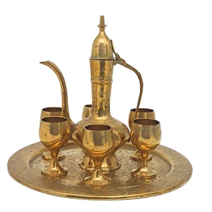 Vintage Messing Naher Osten Türkisch Arabisch Teeservice Krug Kelche Kaffeekanne - Bild 1 von 22