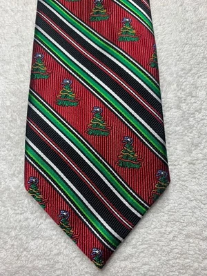 JZ RICHARD MENS TIE CHRISTMAS RED WITH CHRISTMAS TREES WITH GREEN 3.25 X 59 NWOT - Image 1 of 4
