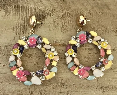 Multicolor Floral Wreath Gold Tone Crystal Enamel Drop Statement Hoop Earrings - Image 1 of 4