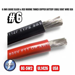 6 AWG GAUGE BLACK & RED MARINE TINNED COPPER BATTERY CABLE BOAT WIRE USA 5 FT EA - Picture 1 of 1