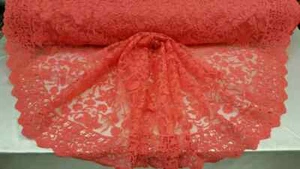 "Coral Guipure Lace Fashion Fabric with Embroidered Floral Scallops" - Picture 1 of 10