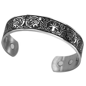 Norse Tree of Life Bracelet Silver Stainless Steel Viking Falcon Yggdrasil Cuff - Picture 1 of 3
