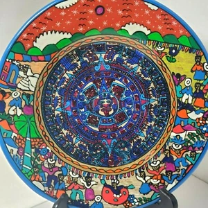 Vintage Mexican Folk Art Plate 12" Hand Painted Story Pottery Colorful Decor - Picture 1 of 7