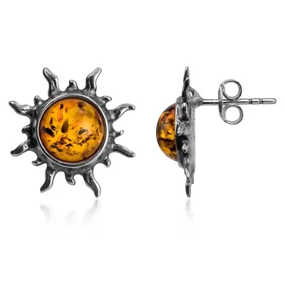 Hermosos aretes redondos de plata esterlina 925 maciza miel ámbar báltico sol Foto 1 de 4