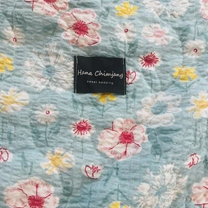Hana Chimjang Sweet Bedding Blue Pink & Yellow  Flowers White Trim 80”x 62” - Picture 1 of 5