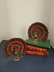Vintage Hollywood Glam Brass Pair Of Peacock Bookends Pink Feathers - Picture 1 of 18