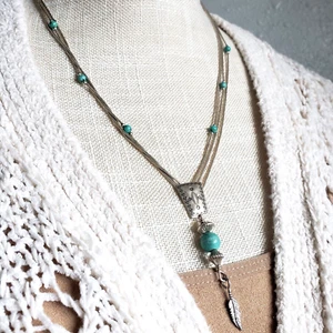 VTG Navajo Sterling Silver 20-26" Necklace Liquid Tube Turquoise Bead Feather - Picture 1 of 7