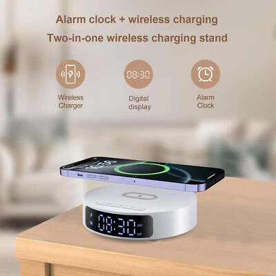 Wireless Charger Digital Alarm Clock For iPhone 16 Pro Max Samsung S25 Edge S24+ - Image 1 of 4