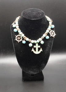 Vintage maritim Perlen Charm Station Halskette Anker Schiff Rad türkis & weiß Emaille - Bild 1 von 21