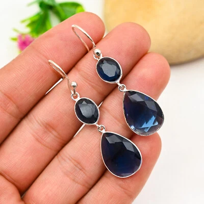Blue Sapphire Lab-Created Gemstone 925 Sterling Silver Earrings Handmade Jewelry - Image 1 of 4