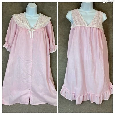 Vintage Nightgown Robe Sleep Set S Pink Midi Ruffle Lace Lingerie Peignoir Cotto - Image 1 of 4