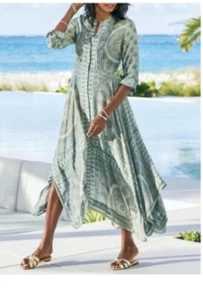 Soft Surroundings Jardin Majorelle Green Sage Maxi Dress Kaftan Size Small NWT - Picture 1 of 11