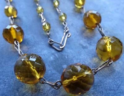 vintage art deco facet cut amber glass bead gold filled chain necklace -Z136 - Image 1 of 3