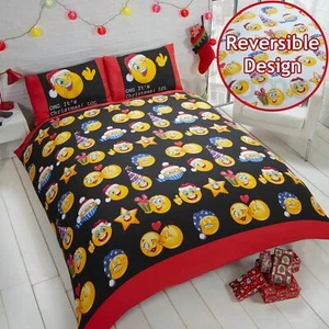 Natale Emoticons Set Copripiumino Singolo Nero/Bianco 2-IN-1 Design Bambini - Foto 1 di 4