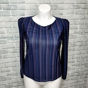 Vintage 70 Sally Petite Womens L Navy Sheer Striped Bateau Neck Blouse Secretary - Picture 1 of 9