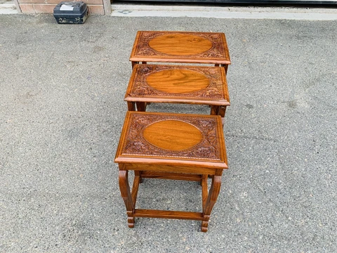 Beautiful Set of 3 Vintage Mid Century Teak Hand Carved Nesting Tables Set Cover