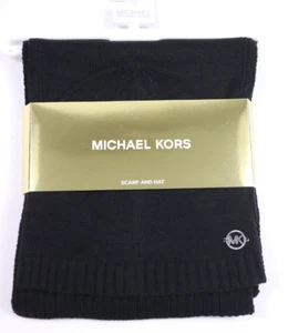 MICHAEL KORS Women's Scarf Hat Set Black Classic Rib LOGO Charm OS NEW $98 - Picture 1 of 5