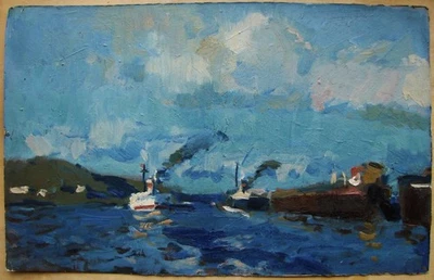 Украинский советский СССР картина маслом импрессионизм морской пейзаж баржа лодка пароход - Изображение 1 из 4