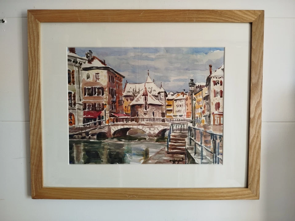 Tableau Aquarelle Pascal Hayot Annecy Sous Neige Palais De L'île Pont Perrière - Photo 1/4